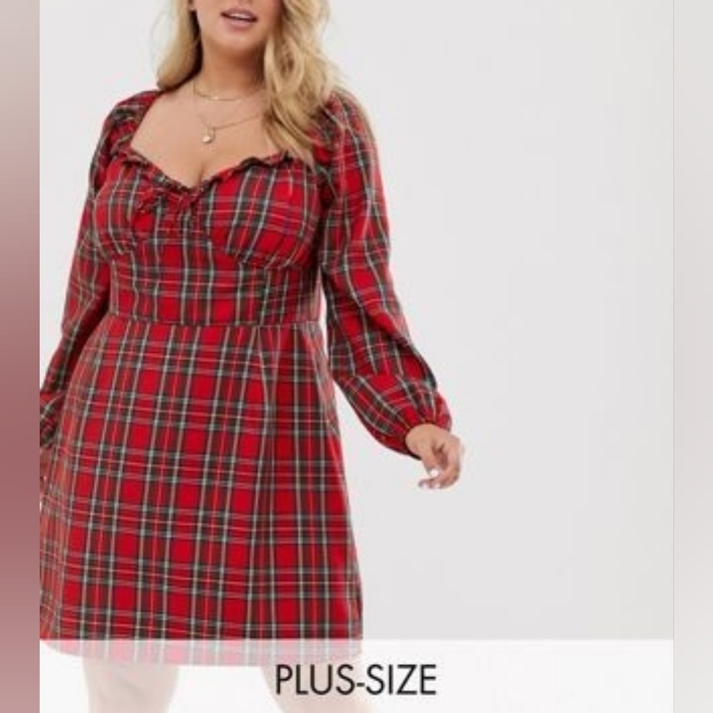 Wild Honey Plus Square Neck Tea dress With Structured Bodice In Red Plaid 1X